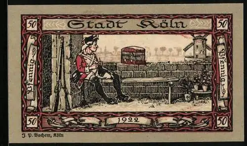 Notgeld Köln 1922, 50 Pfennig, Stadtsoldat betrachtet einen Vogel im Käfig, Gutschein
