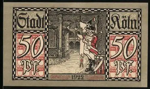 Notgeld Köln 1922, 50 Pfennig, Stadtsoldat verliest eine Mitteilung, Gutschein