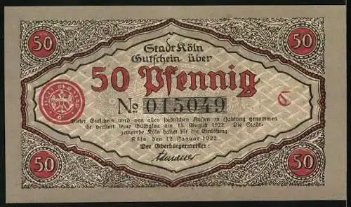 Notgeld Köln 1922, 50 Pfennig, Stadtsoldat verliest eine Mitteilung, Gutschein