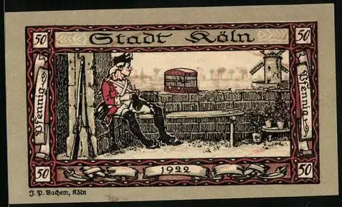 Notgeld Köln 1922, 50 Pfennig, Stadtsoldat betrachtet einen Vogel im Käfig, Gutschein