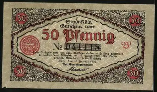 Notgeld Köln 1922, 50 Pfennig, Stadtsoldaten beim Tanz, Gutschein