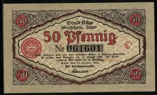 Notgeld Köln 1922, 50 Pfennig, Stadtsoldat verliest eine Mitteilung, Gutschein