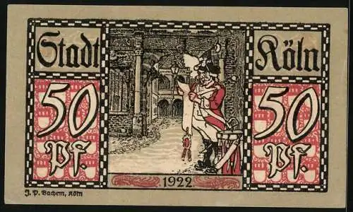 Notgeld Köln 1922, 50 Pfennig, Stadtsoldat verliest eine Mitteilung, Gutschein