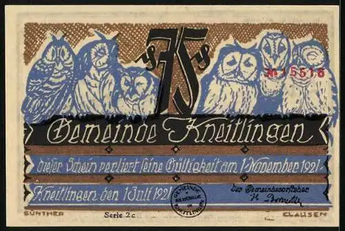 Notgeld Kneitlingen 1921, 75 Pfennig, Eulenspiegel mit einer Karre Sand