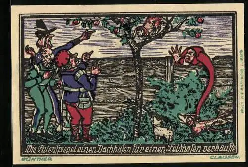 Notgeld Kneitlingen 1921, 75 Pfennig, Eulenspiegel verkauft einen Dachhasen für einen Feldhasen