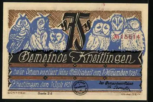 Notgeld Kneitlingen 1921, 75 Pfennig, Eulenspiegel verkauft einen Dachhasen für einen Feldhasen