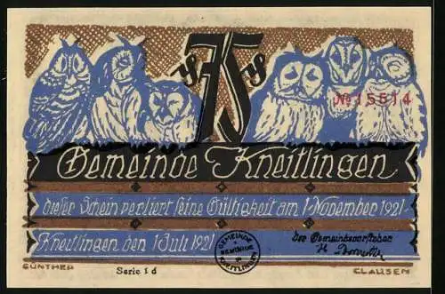 Notgeld Kneitlingen 1921, 75 Pfennig, Eulenspiegel zeigt auf ein leeres Bild