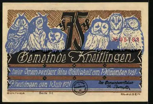 Notgeld Kneitlingen 1921, 75 Pfennig, Eulenspiegel balanciert mit Schuhen auf einem Seil