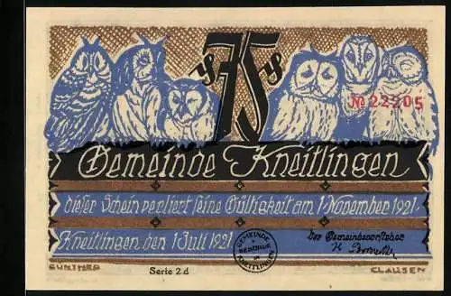 Notgeld Kneitlingen 1921, 75 Pfennig, Eulenspiegel verkauft einen Dachhasen für einen Feldhasen