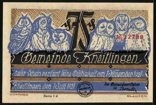 Notgeld Kneitlingen 1921, 75 Pfennig, Eulenspiegel zeigt auf ein leeres Bild