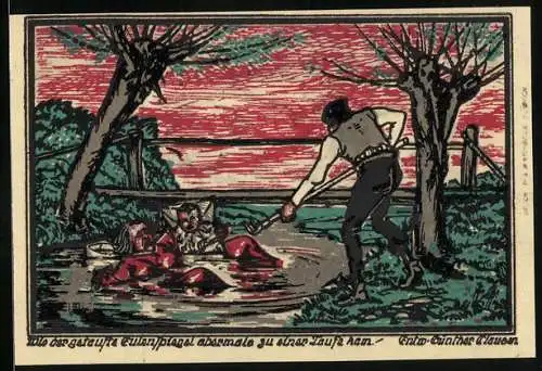 Notgeld Kneitlingen 1921, 50 Pfennig, Eulenspiegel kommt abermals zu einer Taufe