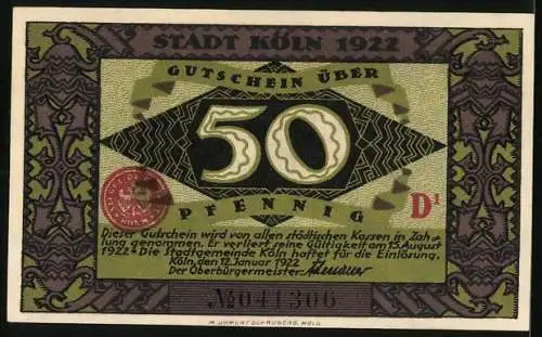 Notgeld Köln 1922, 50 Pfennig, Dombaumeister und der Teufel, Gutschein