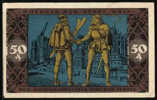 Notgeld Köln 1922, 50 Pfennig, Dombaumeister und der Teufel, Gutschein