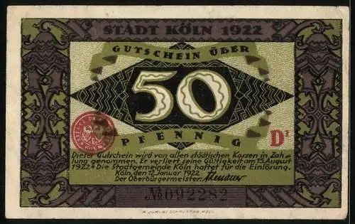 Notgeld Köln 1922, 50 Pfennig, Dombaumeister und der Teufel, Gutschein