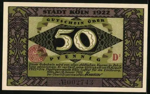 Notgeld Köln 1922, 50 Pfennig, Dombaumeister und der Teufel, Gutschein