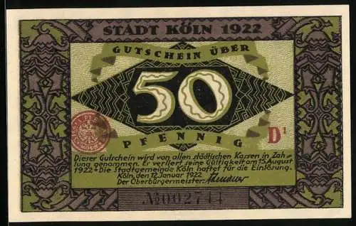 Notgeld Köln 1922, 50 Pfennig, Dombaumeister und der Teufel, Gutschein