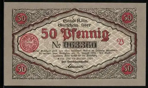 Notgeld Köln 1922, 50 Pfennig, Stadtsoldaten beim Tanz, Gutschein