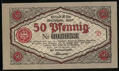 Notgeld Köln 1922, 50 Pfennig, Stadtsoldaten beim Tanz, Gutschein