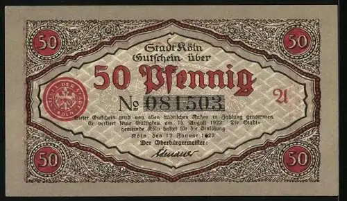 Notgeld Köln 1922, 50 Pfennig, Stadtsoldat betrachtet einen Vogel im Käfig, Gutschein