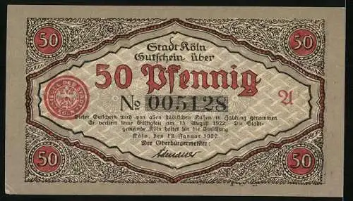 Notgeld Köln 1922, 50 Pfennig, Stadtsoldat betrachtet einen Vogel im Käfig, Gutschein