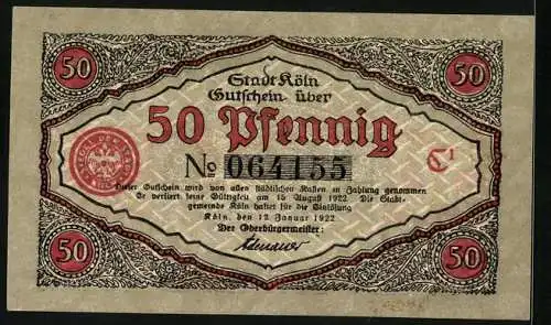 Notgeld Köln 1922, 50 Pfennig, Stadtsoldat verliest eine Mitteilung, Gutschein