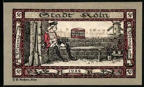 Notgeld Köln 1922, 50 Pfennig, Stadtsoldat betrachtet einen Vogel im Käfig, Gutschein