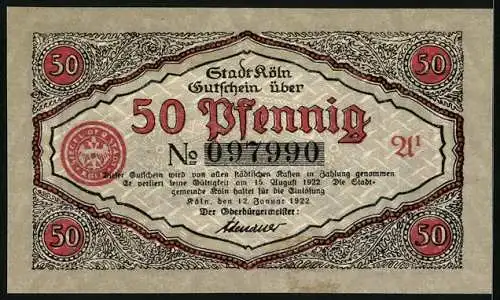 Notgeld Köln 1922, 50 Pfennig, Stadtsoldat betrachtet einen Vogel im Käfig, Gutschein