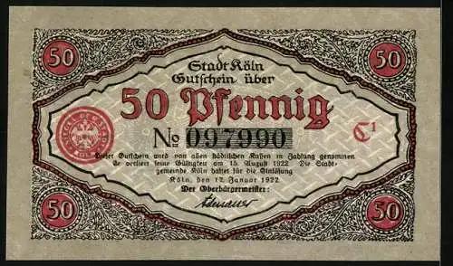 Notgeld Köln 1922, 50 Pfennig, Stadtsoldat verliest eine Mitteilung, Gutschein