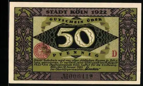 Notgeld Köln 1922, 50 Pfennig, Dombaumeister und der Teufel, Gutschein