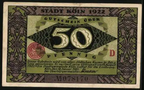 Notgeld Köln 1922, 50 Pfennig, Dombaumeister und der Teufel, Gutschein