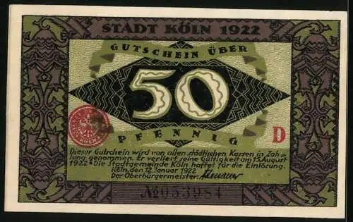 Notgeld Köln 1922, 50 Pfennig, Dombaumeister und der Teufel, Gutschein