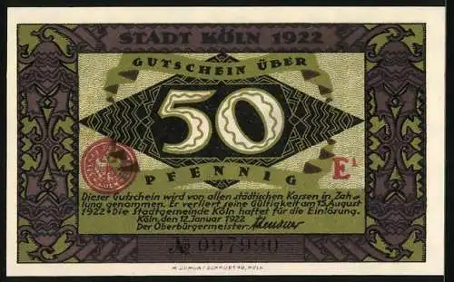 Notgeld Köln 1922, 50 Pfennig, Heinzelmännchen von Köln, Gutschein