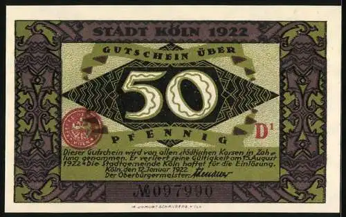 Notgeld Köln 1922, 50 Pfennig, Dombaumeister und der Teufel, Gutschein