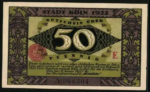 Notgeld Köln 1922, 50 Pfennig, Heinzelmännchen von Köln, Gutschein