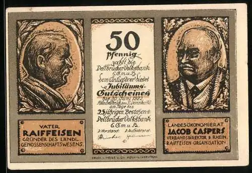 Notgeld Dellbrück 1922, 50 Pfennig, Bildnis Vater Raiffeisen u. Jacob Caspers, Nächstenliebe und Selbsthilfe, Gutschein