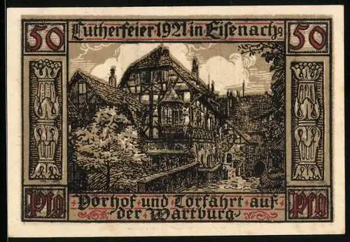 Notgeld Eisenach 1921, 50 Pfennig, Vorhof und Torfahrt auf der Wartburg, Lutherfeier 1921