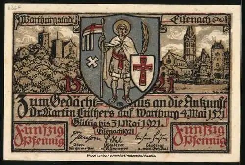 Notgeld Eisenach 1921, 50 Pfennig, Vorhof und Torfahrt auf der Wartburg, Lutherfeier 1921