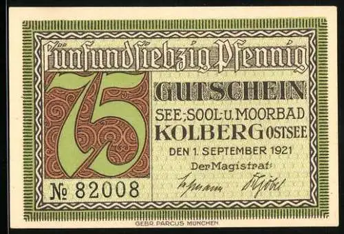 Notgeld Kolberg /Ostsee 1921, 75 Pfennig, Nettelbeck im Halbporträt, Gutschein