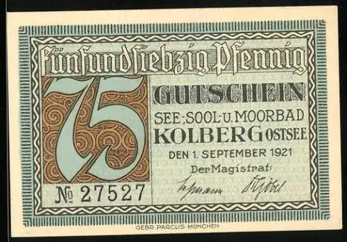Notgeld Kolberg /Ostsee 1921, 75 Pfennig, Alte Saline, Gutschein