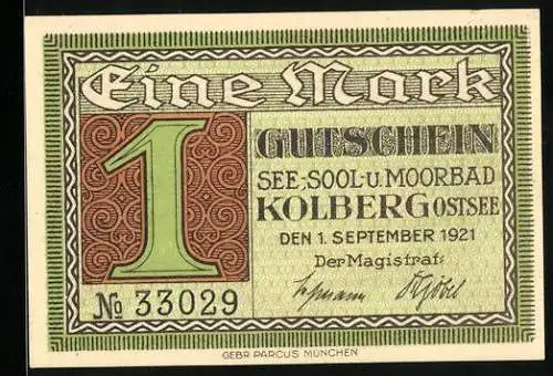 Notgeld Kolberg /Ostsee 1921, 1 Mark, Bildnis Gneisenau, Gutschein