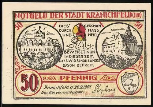 Notgeld Kranichfeld /Ilm 1921, 50 Pfennig, Geburtshaus vom Lindenwirtin-Dichter