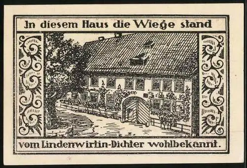 Notgeld Kranichfeld /Ilm 1921, 50 Pfennig, Geburtshaus vom Lindenwirtin-Dichter