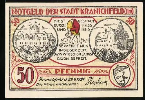 Notgeld Kranichfeld /Ilm 1921, 50 Pfennig, Geburtshaus vom Lindenwirtin-Dichter