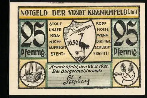 Notgeld Kranichfeld /Ilm 1921, 25 Pfennig, Stadtansicht und Wappen