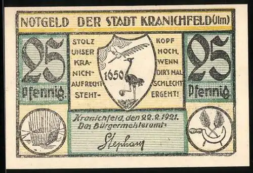Notgeld Kranichfeld /Ilm 1921, 25 Pfennig, Stadtansicht und Wappen