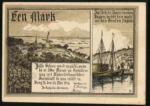 Notgeld Burg /S.-D. 1916, 1 Mark, Ort mit Windmühle, Kirche, Hafenpartie und Bauer auf dem Feld