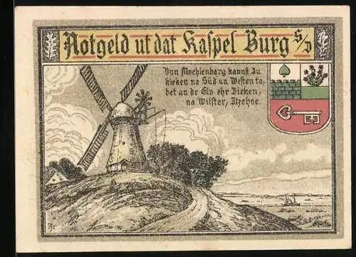 Notgeld Burg /S.-D. 1916, 50 Pfennig, Windmühle und Bauernhaus, Wappen