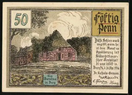 Notgeld Burg /S.-D. 1916, 50 Pfennig, Windmühle und Bauernhaus, Wappen