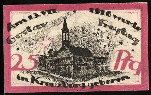 Notgeld Kreuzburg i. Oberschlesien 1921, 25 Pfennig, Kirche, Geburtsort von Gustav Freytag, Volksabstimmung 1921