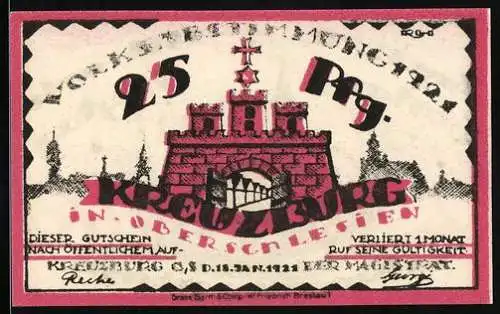 Notgeld Kreuzburg i. Oberschlesien 1921, 25 Pfennig, Kirche, Volksabstimmung 1921, Gutschein